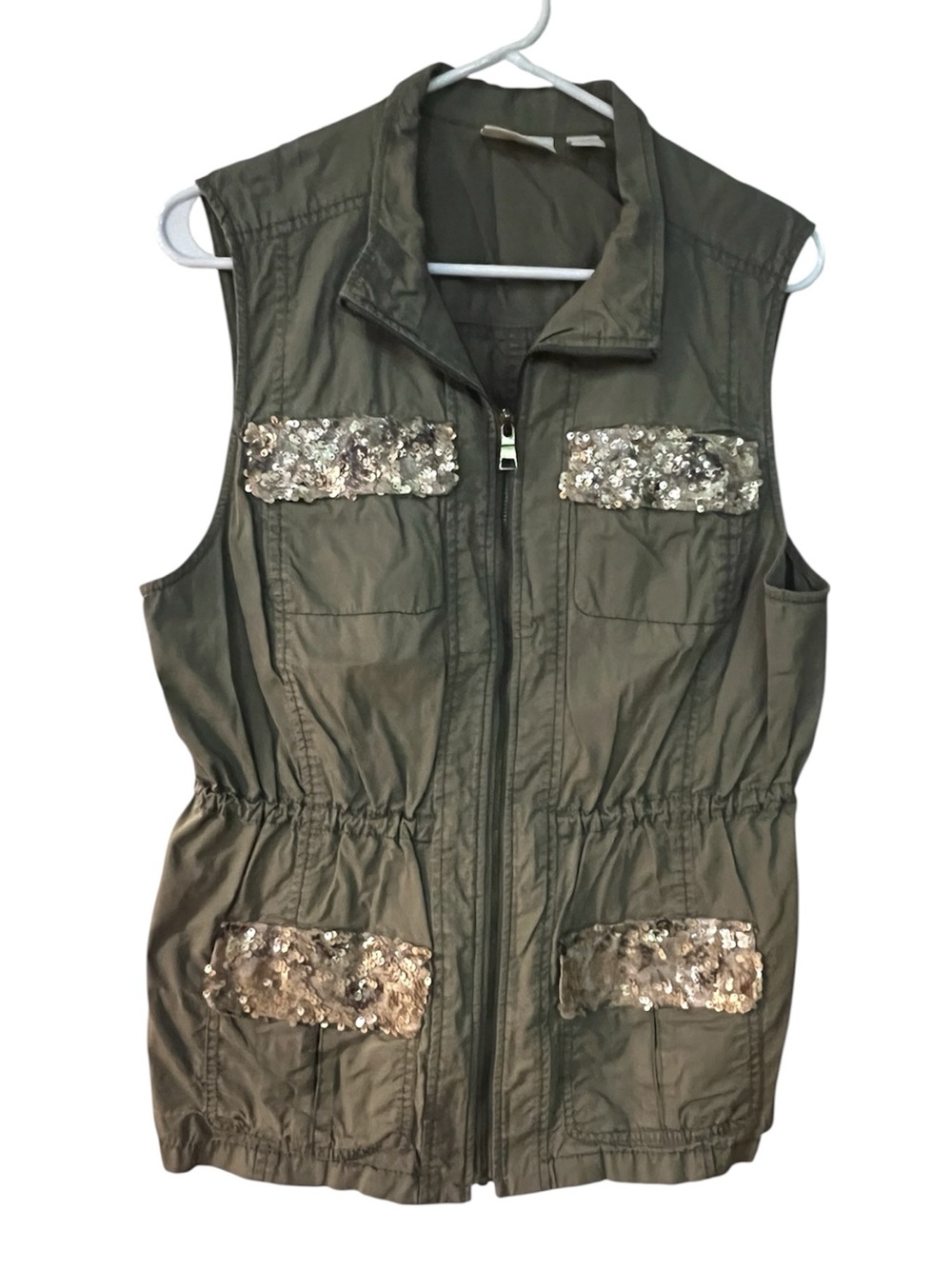 Chico’s Utility Vest with Sequins Pockets 2 Large 12 Khaki Green Zip Front